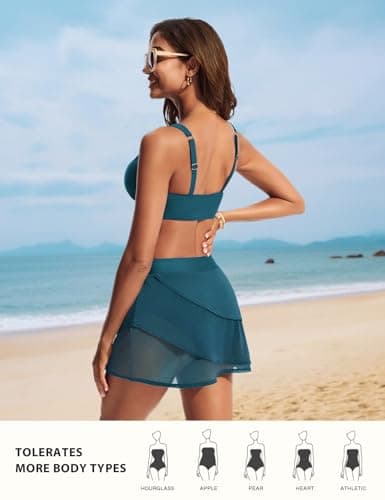 Hanna Nikole Modest Bikini Sets with Asymmetrical Layers Skort Womens Two Piece Tummy Control Bathing Suits Blue Green M - Thumbnail 4