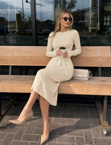 MEROKEETY Women's 2025 Long Sleeve Midi Sweater Dress Fall Mock Neck Color Block Tie Waist Bodycon Knit Dresses, Apricot, XL - Thumbnail 3