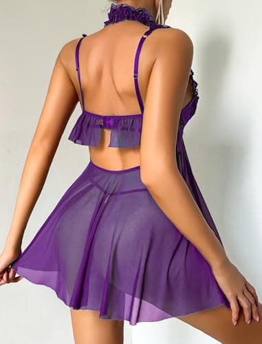 Avidlove Sexy Lingerie Dress for Women V Neck Push Up Lingerie Set Sheer Lace Negligee Chemise Purple XL - Thumbnail 5