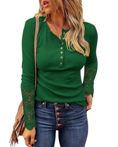 BTFBM Women Long Sleeve Shirts Spring Solid Button Up V Neck Lace Long Sleeves Slim Fit Knit Casual Fall T-Shirts 2026(Bright Green,X-Large) - Image 1