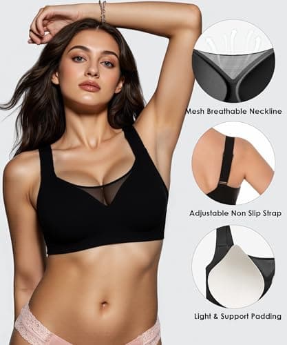 Brabalas Wireless Bras for Women (34C-42DD), Extremely Comfortable Seamless Bra Mesh Bralettes Adjustable Straps Everyday Bra 36D Black - Thumbnail 4