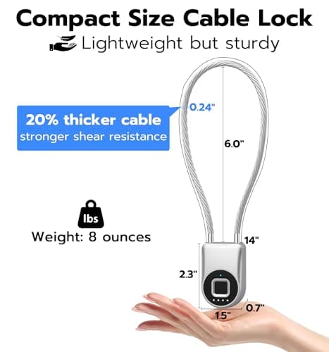 Anweller Fingerprint Cable Lock, 14" Long Shackle Small Padlock, Keyless Entry Biometric Bluetooth Smart Waterproof Combination Pad Lock for Gate Outdoor Fence Fridge Cabinet Locker Pool Bike - Silver - Thumbnail 6