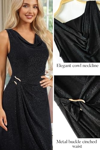 Autumn Flowerwall Women's Sleeveless Bodycon Midi Dress with Metal Buckle Elegant Cowl Neck Ruched Waist Wedding Guest Cocktail Formal Party Slit Dress Black Medium - Thumbnail 4
