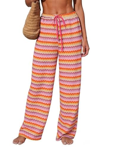 ZAFUL Womens Beach Cover Up Pants Sexy Crochet Drawstring Elastic Boho Swimsuit Cover Up Long Pants Beach Wear Orange XL - Image 1