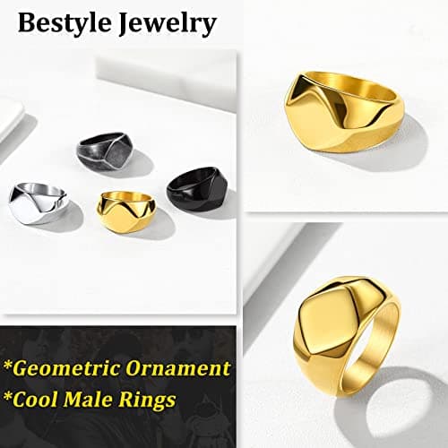 Bestyle 18K Gold Plated Band Ring Square Shape Gold Signet Ring Chunky Simple Plain Solid Stainless Steel Casual Ring Rerto Biker Statement Ring Stackable, Size 11 - Thumbnail 5