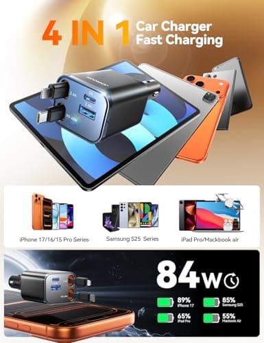 [2026 Ultra-Compact] 84W Retractable Car Charger, [PD 45W] Car Charger USB C for iPhone 16 17 Pro Fast Charging, Car Accessories Travel Essentials Gifts for Women Men for iPhone 17 Air 16 15 14 13 12 - Thumbnail 4
