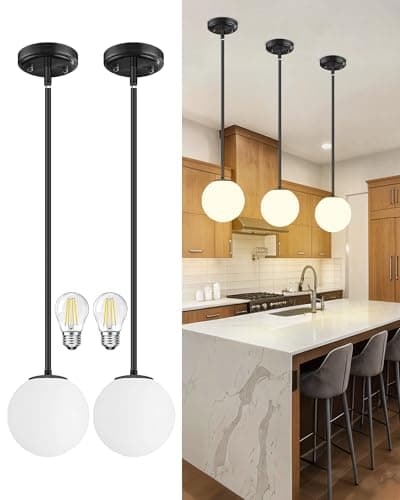 Majade Globe Pendant Lights Kitchen Island Mid Century Modern Pendant Light Fixtures 2 Pack 7.4 Inch Black Ceiling Lighting with Milk White Glass Shade Adjustable Hanging Light for Dining Room - Image 1