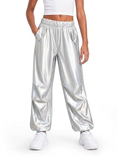 Stelle Girls Metallic Cargo Pants Shiny Hip Hop Dance Joggers Sparkly Stretchy Wide Leg Street Pants for Kids,Holograph Silver,14-15 Years - Image 1