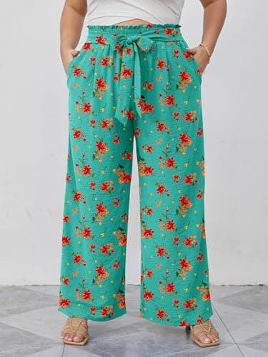 AusLook Plus Size Wide Leg Pants for Women High Waist Elastic Drawstring Palazzo Casual Lounge Beach Travel Vacation Resort Cyan Hibiscus 2X Pants with Pockets Flowy Summer Comfy Outfit - Thumbnail 5