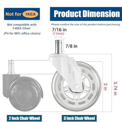 TESUMI White Office Chair Wheels 3" Roller Blade Rubber Chair Casters Replacement, Heavy Duty Quiet No Scratch Gaming Chair Wheel for Hardwood Floor Carpet, Set of 5, 11mm Universal Fit/Not for 1KEA - Thumbnail 3