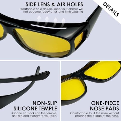 Chiccool Night Driving Glasses Fit Over for Men Women, Anti Glare Polarized Night Vision Driving Glasses, Wrap Around HD Yellow Lens Sunglasses - Thumbnail 4