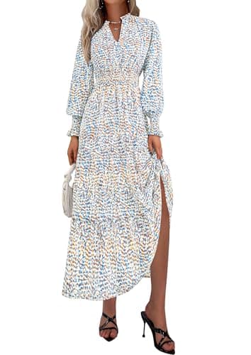 PRETTYGARDEN Women's Floral Maxi Dress 2026 Fall Long Sleeve V Neck A Line Long Flowy Spring Party Boho Dresses (Floral Blue White,XX-Large) - Image 1