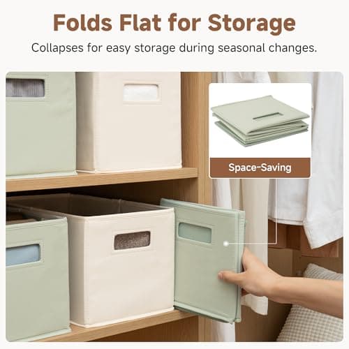 StorageWorks Fabric Storage Bins for Shelves, Closet Organizers and Storage Baskets, Collapsible Storage Bins with Cutout Handles, Medium, 2-Pack, Ivory and Light Green - Thumbnail 3