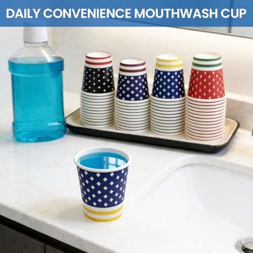 Biotakeware 300 Pack 3 oz Bathroom Paper Cups, Disposable Mouthwash Cups with 4 Mixed Designs, Small Mini Coffee Cups for Bathroom, Party, Picnic, Travel, and Events - Thumbnail 4