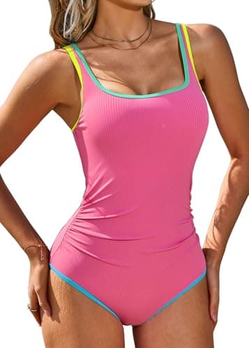 Charmo Womens Swimsuits Ribbed One Piece Bathing Suit 2026 Sporty Athletic Swim Suits Neon Color Block Swimwear Pink Large - Image 1