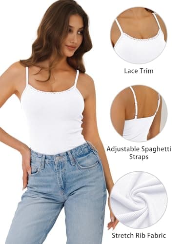 GKBK Womens Lace Camisole Tops Scoop Neck Ribbed Tank Tops Adjustable Spaghetti Straps Sleeveless Slim Fitted Y2k Going Out Shirt White L - Thumbnail 6