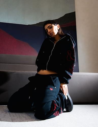 Aelfric Eden Boxy Embroidery Sweat Set for Women Men Oversized 2 Piece Lounge Matching Set Zip Up Hoodie Casual Streetwear Black Medium - Thumbnail 3