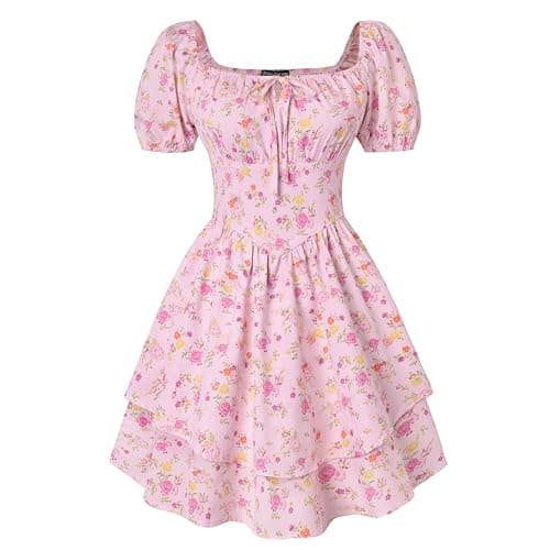 Scarlet Darkness Floral Corset Dress Summer Dresses for Women Girls 2026 Short Milkmaid Sundress with Pocket Pink and Yellow Floral M - Image 1