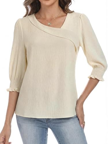 Funlingo Women Blouses Dressy Casual Asymmetric Square Neck 3/4 Length Sleeve Womens Tops Business Work Shirts Spring Clothes 2026 Beige M - Thumbnail 2