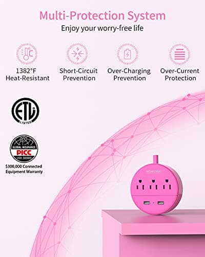 Pink Extension Cord 25ft, NTONPOWER Flat Plug Power Strip with Long Extension Cord, 3 Outlet 2 USB Compact Desktop Charging Station Wall Mount for TV Living Room, Dorm, Office and Nightstand - Thumbnail 6
