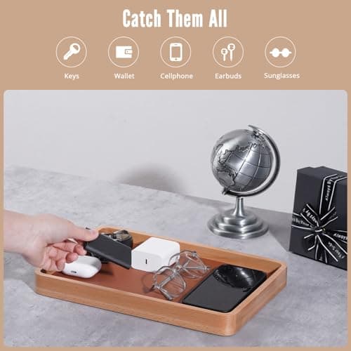 ProCase Wooden Valet Tray for Men, Wood Catch-All EDC Organizer, Nightstand, Entryway Bedside Dump Holder, for Wallets, Keys, Watches, Phones, Loose Change, Trinkets -LightBrown - Thumbnail 5