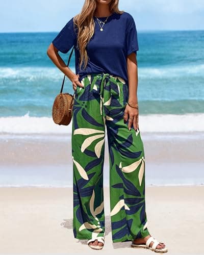 PRETTYGARDEN Women Summer 2 Piece Outfits 2026 Short Sleeve Knit Top Floral Print Belted Wide Leg Pant Sets With Pockets(Flroal Army Green,Small) - Thumbnail 3