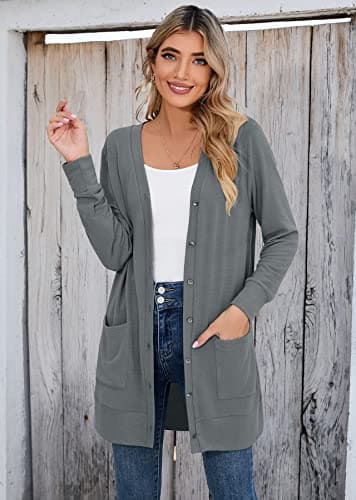 Heymoments Women's Long Sleeve Open Front Cardigan Dark Grey X-Large Button Down Ladies Loose Ribbed 2026 Fall Winter Lightweight Knit Outerwear Coat with Pocket - Thumbnail 3