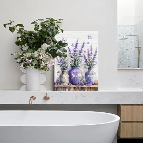 Farmhouse Bathroom Canvas Wall Art Relax Soak Unwind Wall Decor Picture Rustic Mason Jar and Butterfly Purple Lavender Posters Prints Home Bathroom Decoration 12x16in - Thumbnail 2