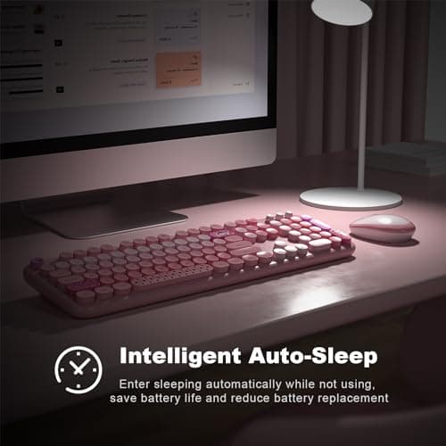 Atelus Wireless Keyboard and Mouse, Typewriter Full Size Keyboard with Number Pad and 2 in 1 USB Connected Mouse for Windows 7/8/10, Laptop, Desktop, PC, Computer (Pink Colorful) - Thumbnail 6