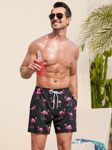 SILKWORLD Mens Swim Trunks Swim Shorts Quick Dry 5 inch Inseam Beach Shorts with Compression Liner and Zipper Pocket, Black Pink Flamingo, Medium - Thumbnail 3