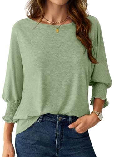 NORACORA Women's 3/4 Sleeve Tops Loose Fit Shirts Dressy Casual Crew Neck T Shirts for Women Basic Tees Shirt with Smocked Cuffs 2025 Fall Fashion Blouse Grass Green M - Image 1