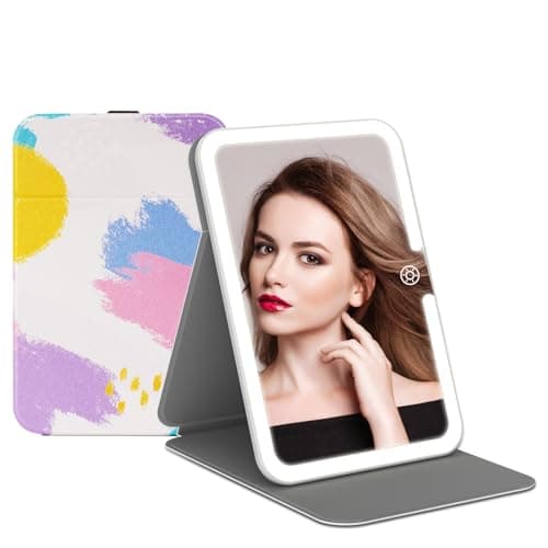 Rechargeable Travel Lighted Makeup Vanity Mirror with PU Leather Cover, Portable Travel Makeup Mirror with Lights, 3 Color Lighting,Touch Sensor Dimmable, Light Up Tabletop Cosmetic Mirror Folding - Image 1