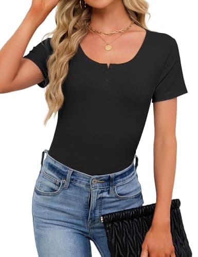 Womens Short Sleeve Tops Stretchy Scoop Neck Henley T-Shirts Ribbed Shirts Fitted Casual Basic Top T-Shirts Soft Summer Shirts 2026 Black XL - Thumbnail 3
