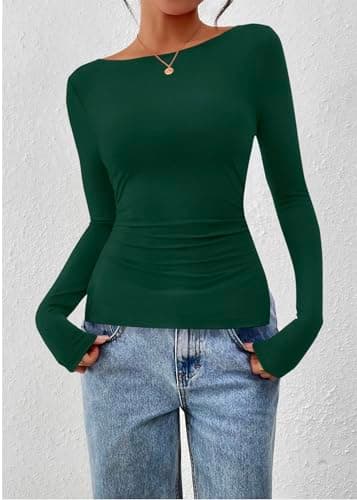 KIRUNDO Long Sleeve Going Out Tops for Women 2026 Spring Casual Boat Neck Workout Shirts Fall Fitted Side Slit Basic Tees(Dark Green, XX-Large) - Thumbnail 5
