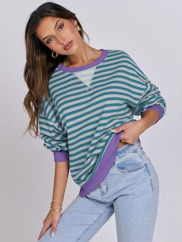 ANRABESS Women’s Striped Oversized Sweatshirts Crew Neck Long Sleeve Shirts Soft Color Block Pullover Top Fashion Clothing Green Grey Large - Thumbnail 6