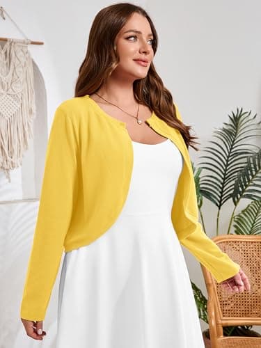 AusLook Plus Size Women Shrugs Long Sleeve Bright Yellow 5X Open Front Cardigan Knit Lightweight Coat Cropped Bolero Tops Shawls and Wraps Dressy Sweater - Thumbnail 4