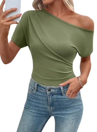 SHEWIN Off the Shoulder Tops for Women Casual Crew Neck Going Out Top Lightweight Slim Date Night Tops for Women Pullover Women Shirts,(US 12-14) L,Moss Green - Image 1