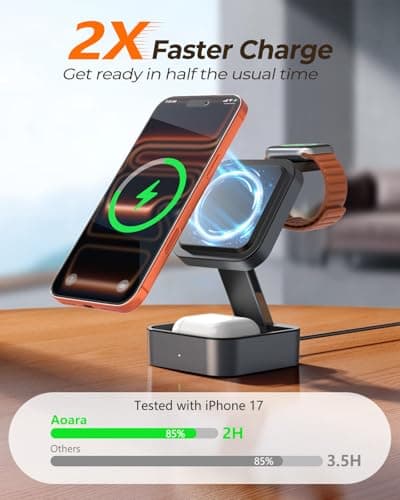 Aoara 3 in 1 Wireless Charging Station for Apple Multiple Devices, Foldable Travel MagSafe Charger Stand with 20W PD Adapter for iPhone 17 16 15 14 13, Apple Watch, AirPods Pro/4 - Space Grey - Thumbnail 3