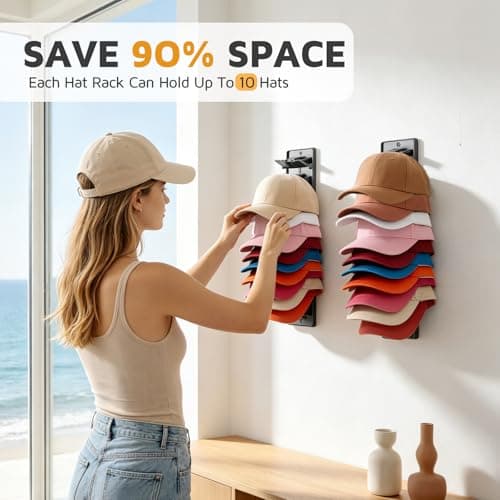 Accevo Spring Clip Hat Organizer Hold Storage 20 Caps for Baseball Caps (2-Pack), Hat Holder with Strong Adhesive and 8 Pack Screws, Hat Storage Display Holder for Closet Door and Wall - Thumbnail 5