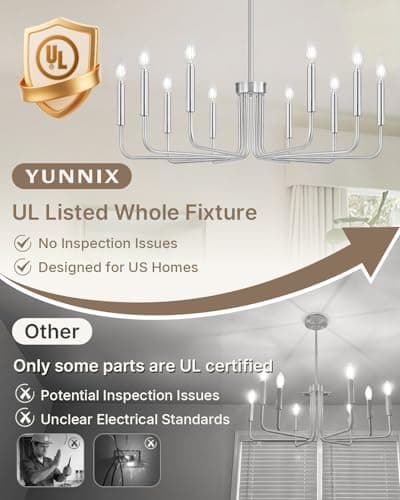 Yunnix 10 Light Brushed Nickel Chandelier, 33" Extra Large Modern Farmhouse Hanging Fixture - Sleek Silver Chandelier Dining Room Light for Kitchen Island, Living Room, Hall, Foyer - Thumbnail 2