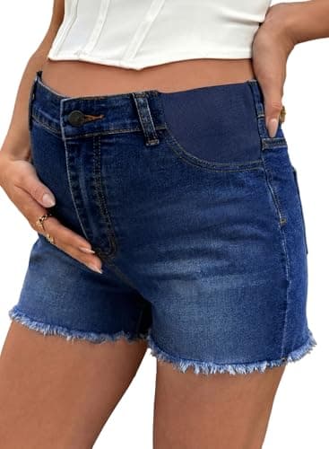 BLENCOT Maternity Jeans Shorts for Women Mid Waisted Frayed Hem Stretchy Denim Shorts Comfy Pregnancy Summer Clothes Fashion 2026 Dusk Blue Small - Image 1