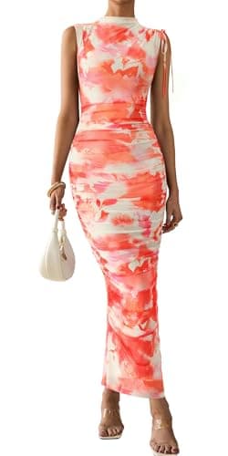 PRETTYGARDEN Women's Summer Maxi Floral Dresses Ruched Bodycon Sleeveless Mesh Formal Wedding Guest Cocktail Split Long Dress (Light Orange,XL) - Image 1