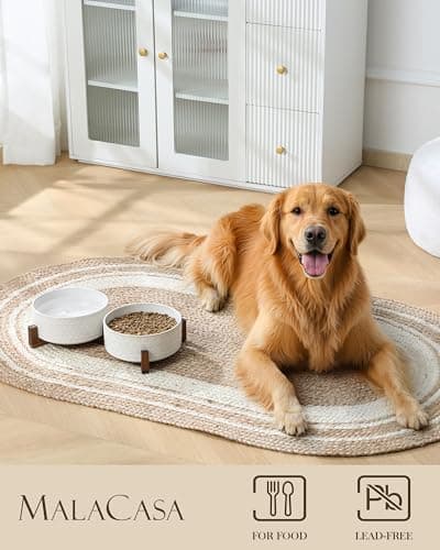 MALACASA Dog Bowl Set with Walnut Wood Stand, 6 Cups Ceramic Pet Bowls for Puppy Dogs, Dual Food and Water Bowls with Non-Slip Base, Basic Bowls for Your Dog, Five-Leaf Grass & Honeycomb - Thumbnail 3