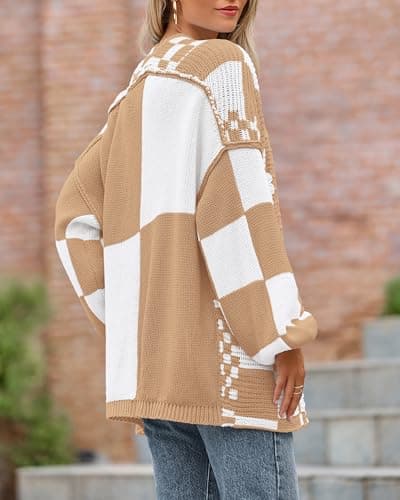 BTFBM Casual Cardigan Sweater for Women Fall 2026 Long Sleeve Open Front Chunky Knit Sweaters Checkered Outwear Coat(Light Khaki,XX-Large) - Thumbnail 6