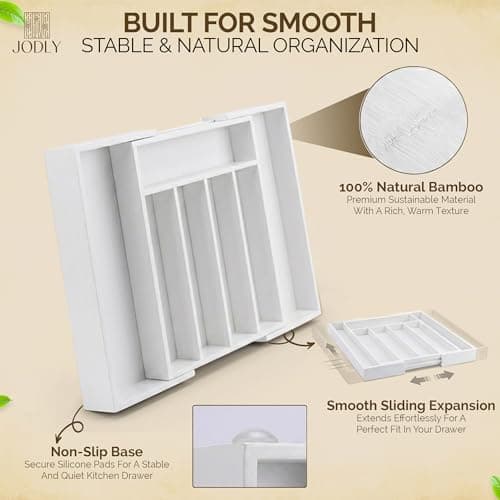JODLY Bamboo Kitchen Utensil Drawer Organizer for Silverware | 100% Natural Expandable 14-20 Inch Kitchen Drawer Organizers for Utensils | Non-Slip Base | Screwed Joints for Long-Lasting Durability - Thumbnail 2