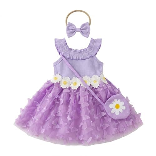 Baby Girl Butterfly Floral Dress 3-Piece Outfit Soft Ribbed Tank Tulle Dress Set with Mini Bag Casual Summer Clothes for Toddlers 12-18Months - Image 1