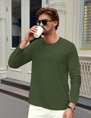 Cotrasen Mens Long Sleeve Tee Shirts Cotton Crew Neck Pocket T Shirts for Men Breathable Comfortable Tee Shirts ArmyGreen S - Thumbnail 2