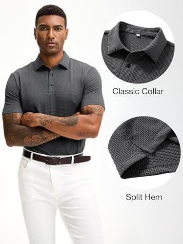 JEMLDL Men's Jacquard Collared Short Sleeve Polo Shirts Breathable Summer Breeze Golf Polo Shirts Dark Gray XXL - Thumbnail 6