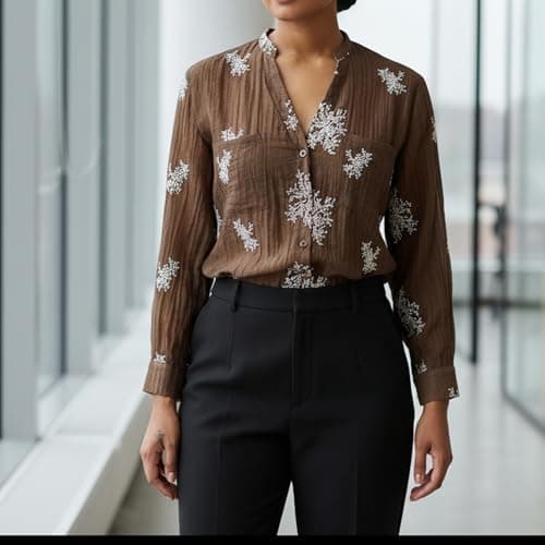 Women's Long Sleeve Roll Up V Neck Button Down Embroidered See Through Lightweight Coffee Chocolate Tunic Casual Summer Spring Shirts Boho Cotton Crinkle Gauze Blouse Sheer Floral Shirt Large L - Thumbnail 5