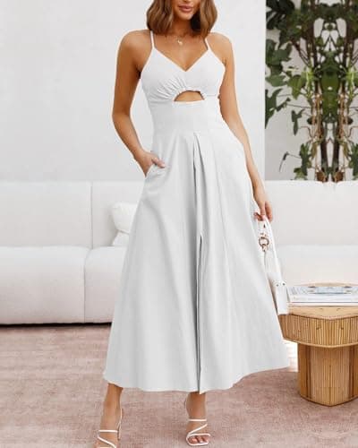 BTFBM Women 2026 Spaghetti Strap Midi Summer Dresses Sleeveless V Neck Cutout Slit Casual Beach Party Maxi Dress Pockets(White, Medium) - Thumbnail 2